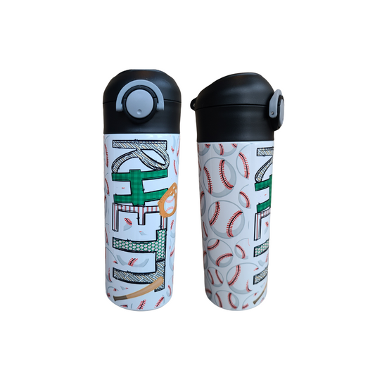 12 oz water bottle with a black lid that has a built-in straw, locking push button and handle. This design features multiple baseballs with a glove and bat print. Personalized in coordinating colors. Back to School.