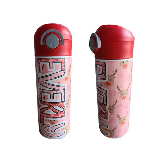 Pink Reindeer Flip Top Water Bottle - Personalized