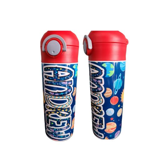 Personalized Space Themed Water Bottle - 12 oz Flip Top Water Bottle with Straw
