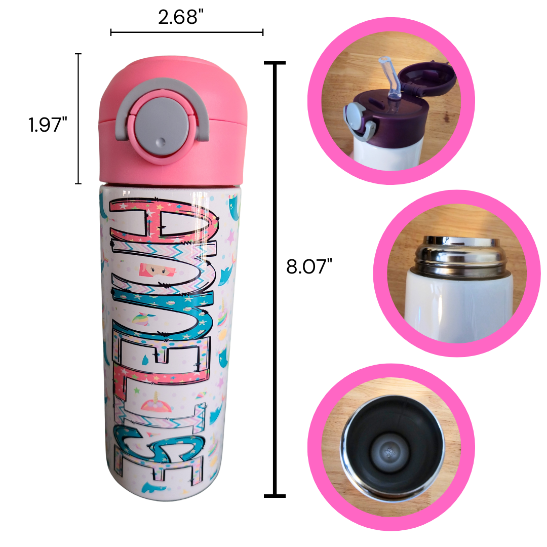 12 oz water bottle with pink lid showing features. Measurements of the entire bottle with lid is 8.07”. Width of 2.68”. and the lid height is 1.97”.  Lid pops open with push of a button. Straw then pops open. Interior of water bottle is silver.