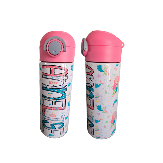12 oz water bottle with a pink lid that has a built-in straw, locking push button and handle. This design featuring mermaids and unicorns. Personalized in coordinating colors. Back to School.