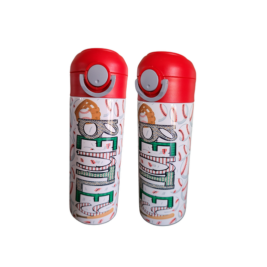 Baseball Water Bottle Personalized with Red Lid - 12 oz Flip Top Water Bottle with Straw