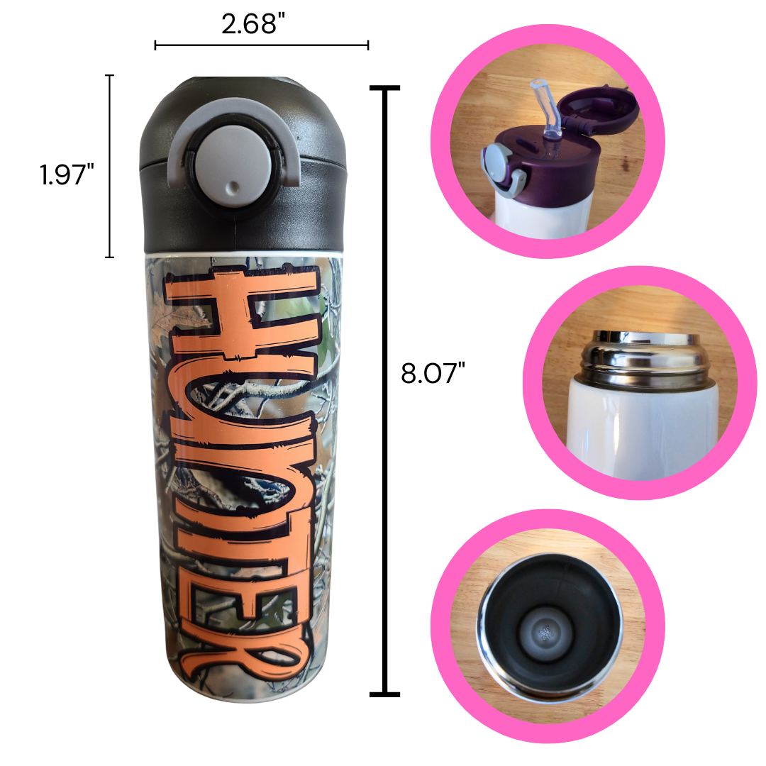12 oz water bottle with pink lid showing features. Measurements of the entire bottle with lid is 8.07”. Width of 2.68”. and the lid height is 1.97”.  The lid pops open with push of a button. Straw then pops open. Interior of water bottle is silver.