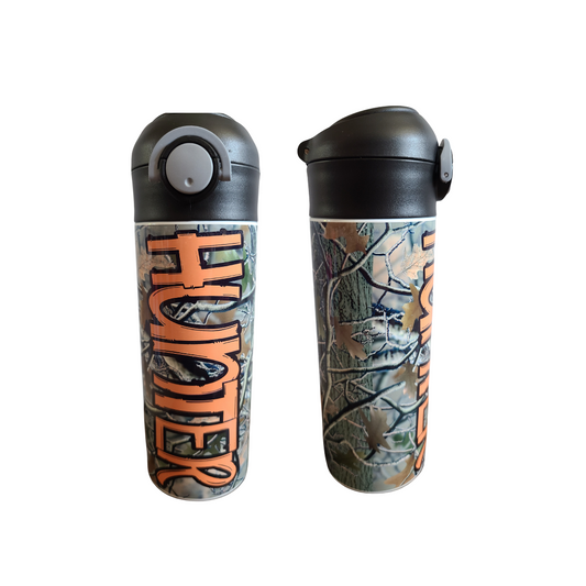 12 oz water bottle with a black lid that has a built-in straw, locking push button and handle. This design features real tree camo with orange personalization. Back to School.
