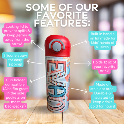 Personalized Fire Trucks Water Bottle - 12 oz Flip Top Water Bottle with Straw