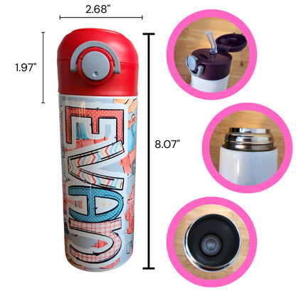Personalized Fire Trucks Water Bottle - 12 oz Flip Top Water Bottle with Straw