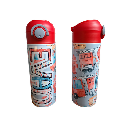 Personalized Fire Trucks Water Bottle - 12 oz Flip Top Water Bottle with Straw