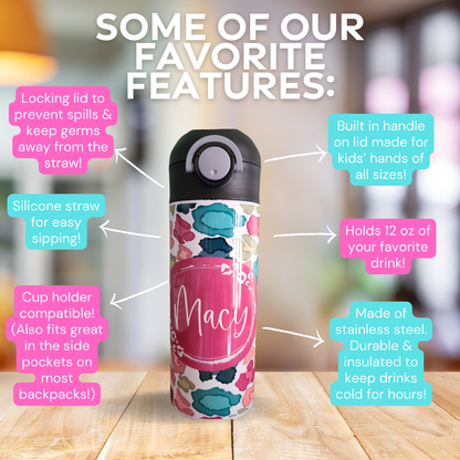 Personalized Colorful Leopard Water Bottle - 12 oz Flip Top Water Bottle with Straw