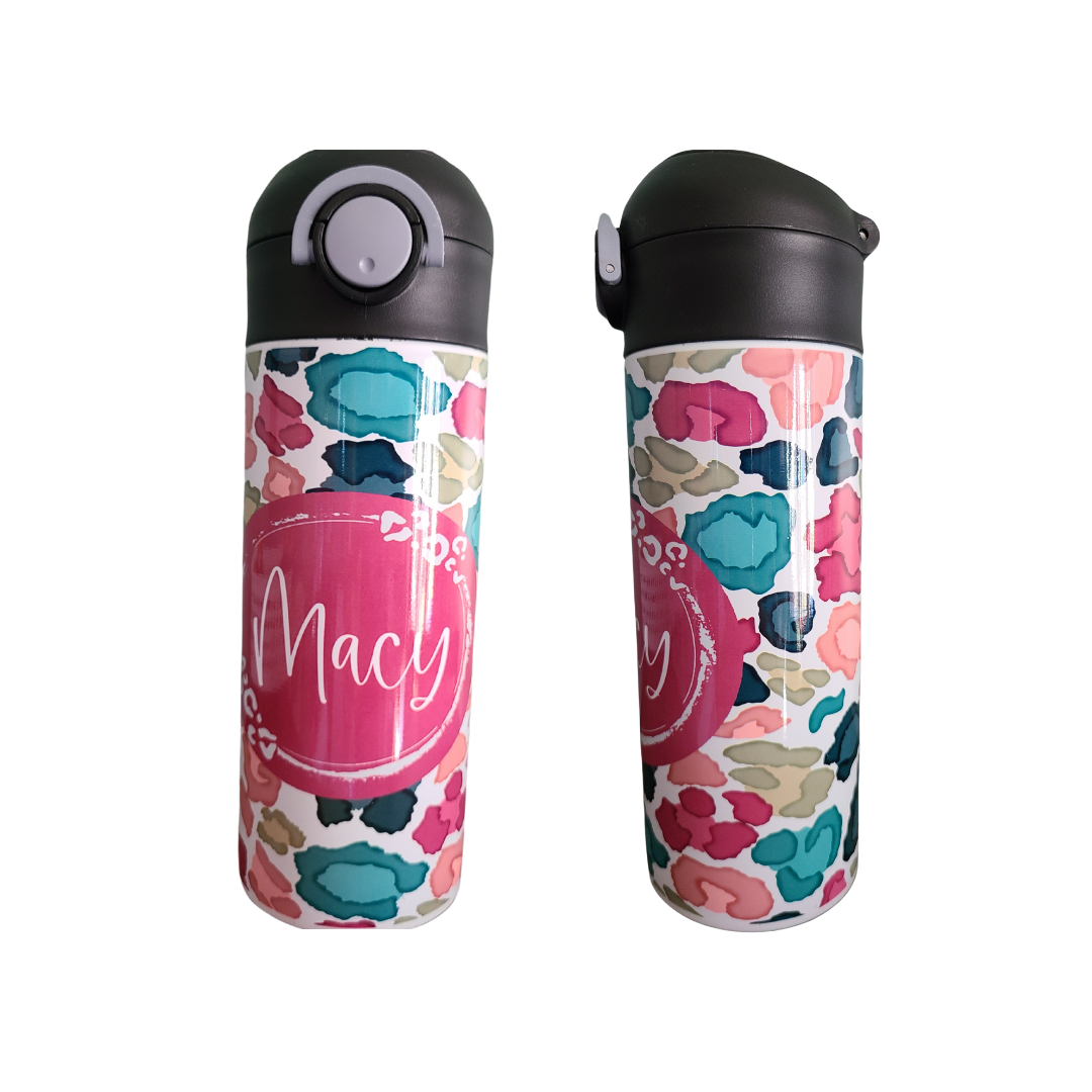 Personalized Colorful Leopard Water Bottle - 12 oz Flip Top Water Bottle with Straw