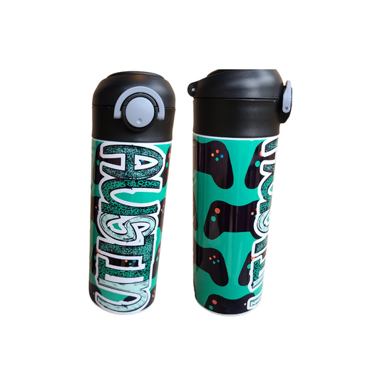 Personalized Green Gamer Water Bottle - 12 oz Flip Top Water Bottle with Straw