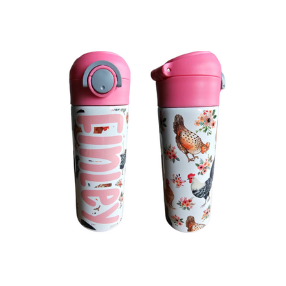 Chickens & Flowers Water Bottle Personalized - 12 oz Flip Top Water Bottle with Straw