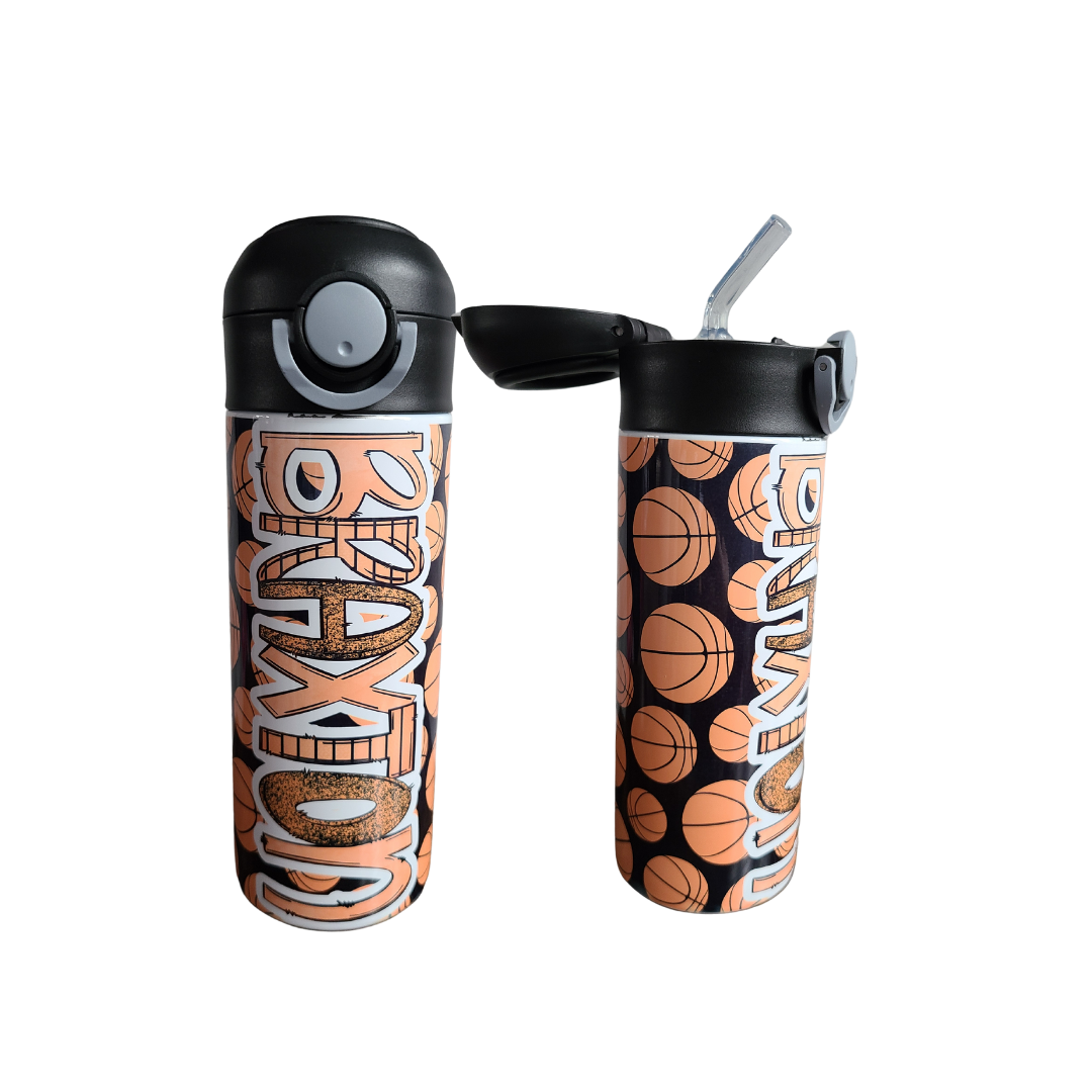 Personalized Basketball Water Bottle - 12 oz Flip Top Water Bottle with Straw
