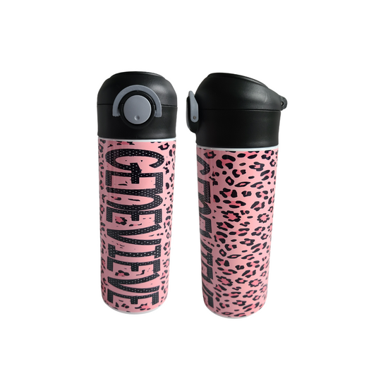 Personalized Pink Cheetah Water Bottle - 12 oz Flip Top Water Bottle with Straw