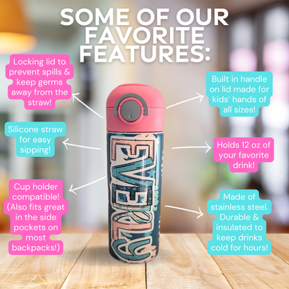 Pink & Navy Blue Christmas Flip Top Water Bottle - Personalized