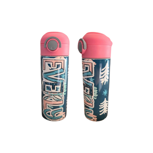 Pink & Navy Blue Christmas Flip Top Water Bottle - Personalized
