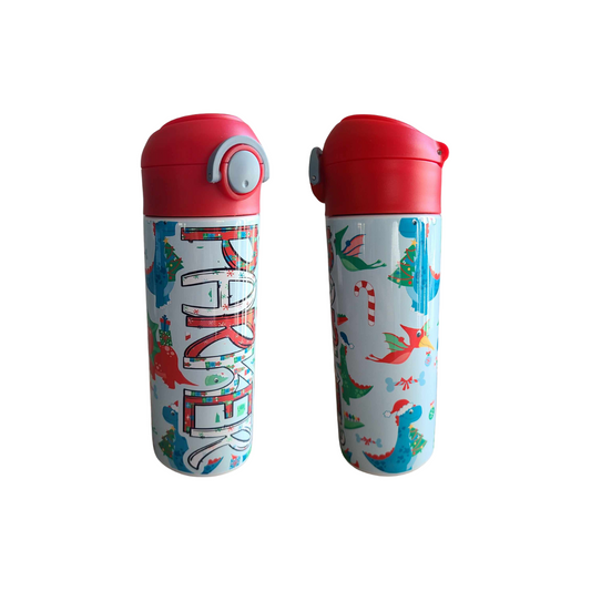Christmas Dinosaurs Flip Top Water Bottle - Personalized