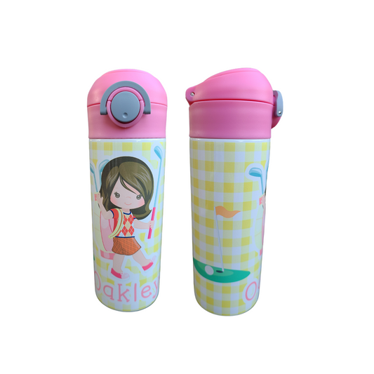 Child Golfer Water Bottle - 12 oz Flip Top Water Bottle with Straw