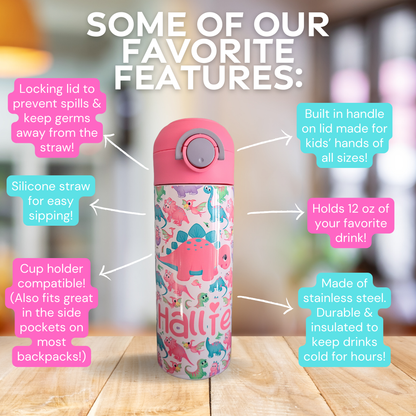 Pink Dinosaur Personalized Water Bottle