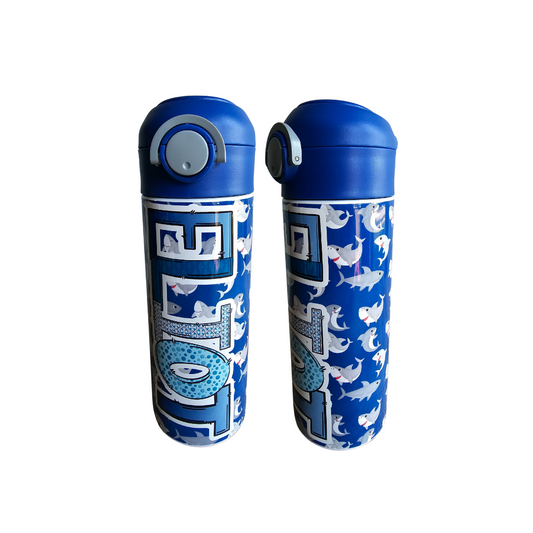 Dark Blue Sharks Flip Top Water Bottle - Personalized
