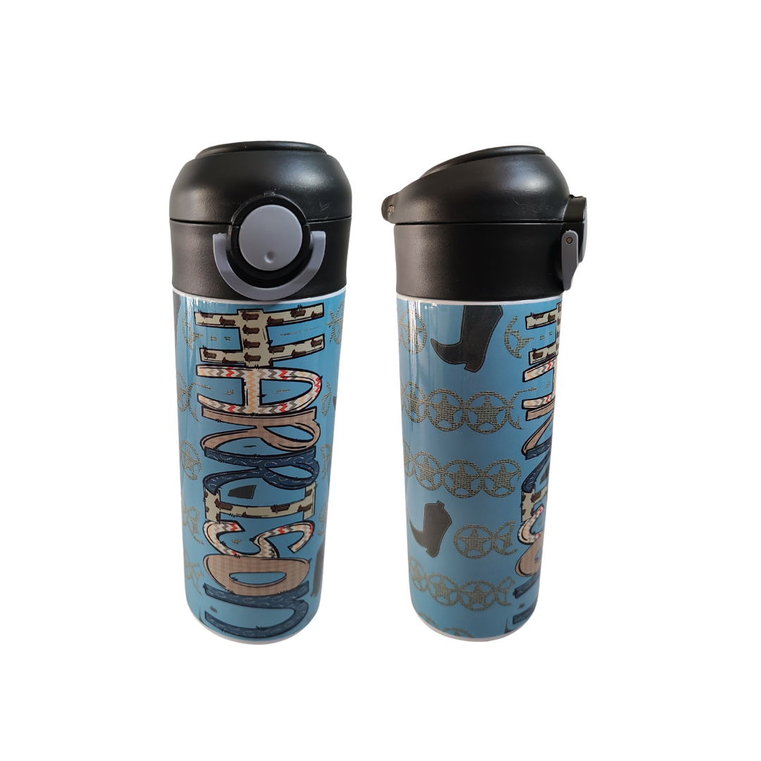 Personalized Blue Cowboy Water Bottle - 12 oz Flip Top Water Bottle with Straw