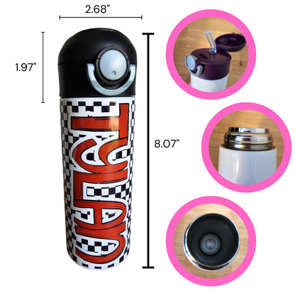 Black Checkered Flip Top Water Bottle - Personalized