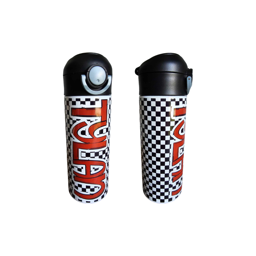 Black Checkered Flip Top Water Bottle - Personalized