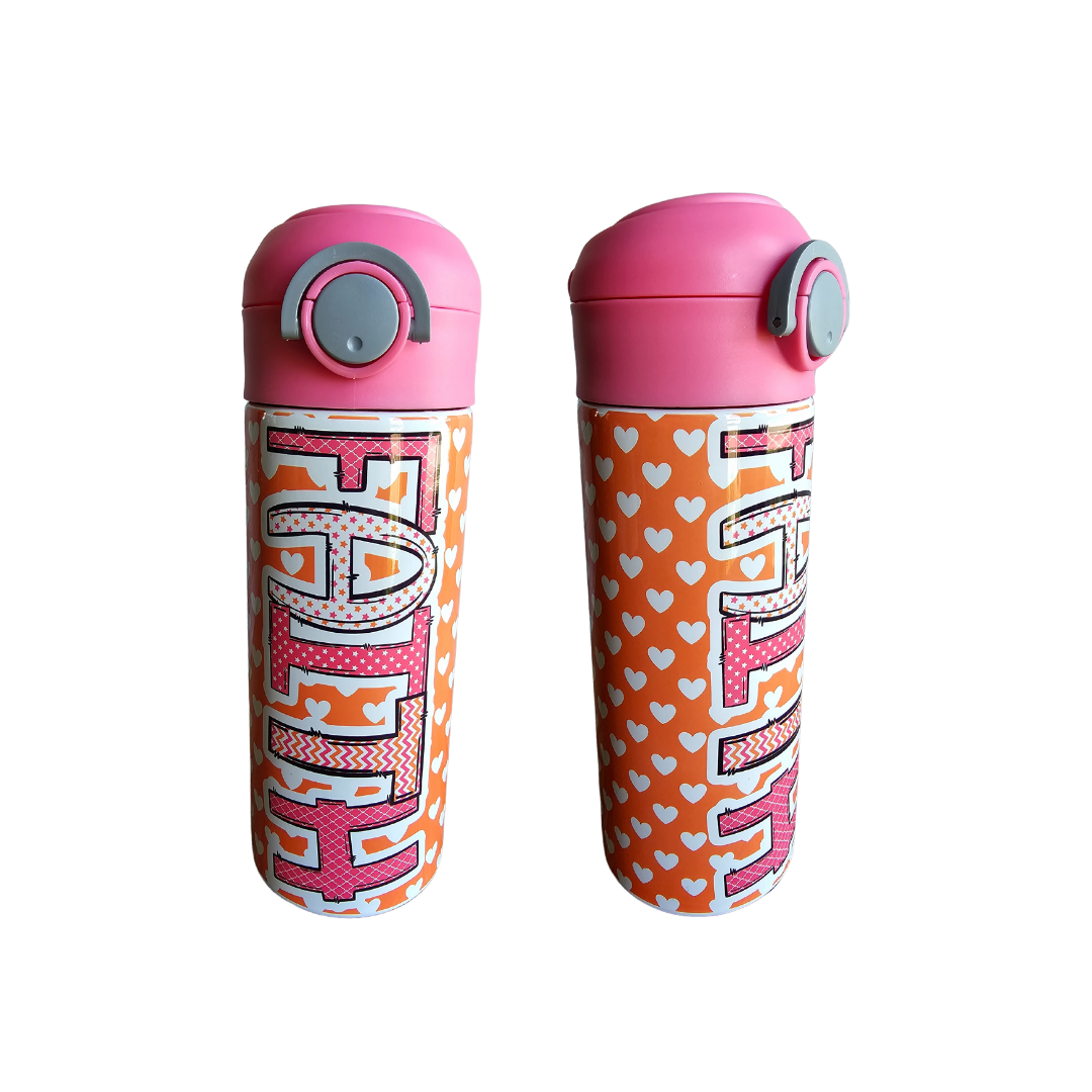 Pink & Orange Hearts Flip Top Water Bottle - Personalized