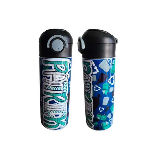 Personalized Garbage Trucks Water Bottle - 12 oz Flip Top Water Bottle with Straw