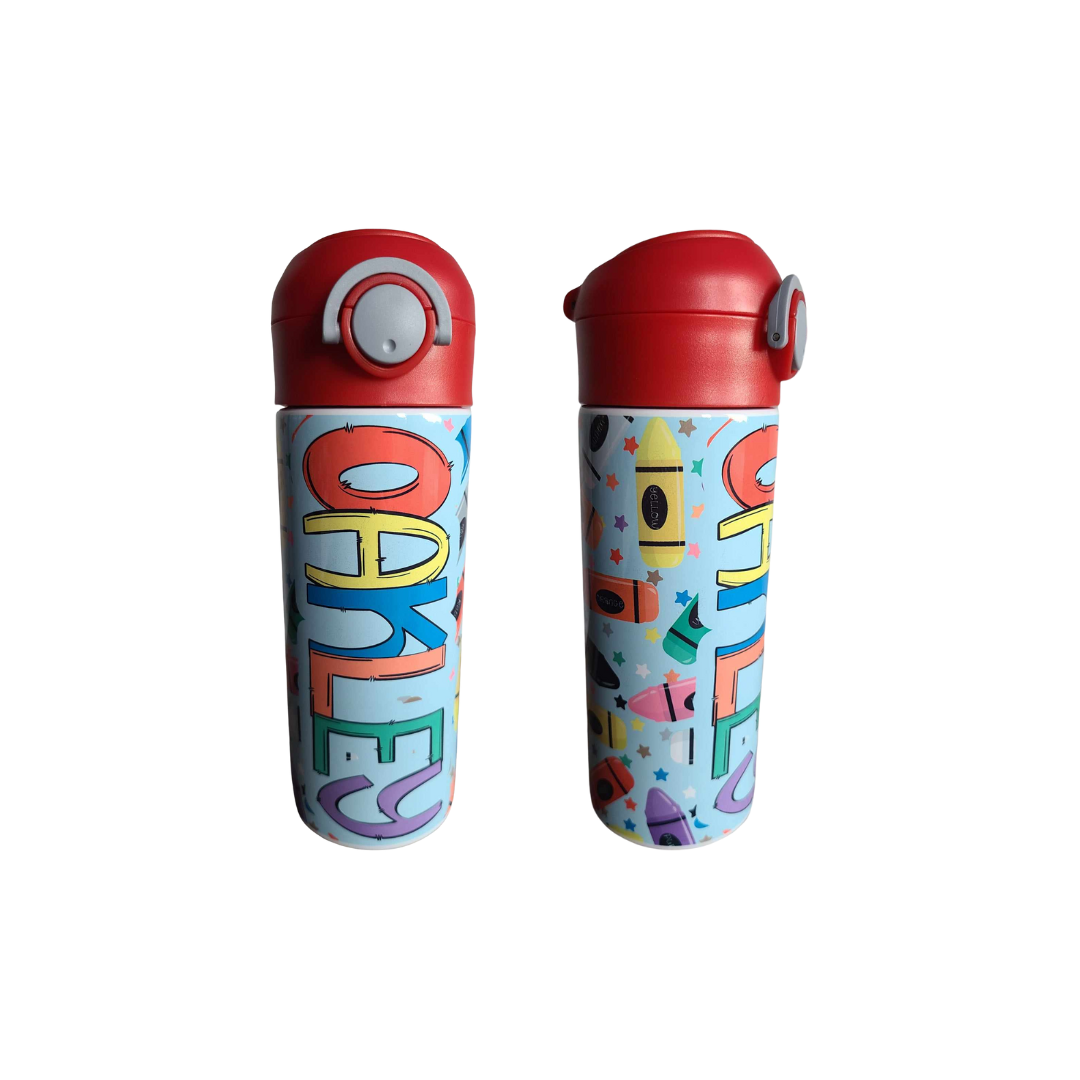 Crayon Print Flip Top Water Bottle - Personalized