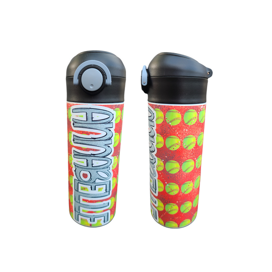 Red Softball Personalized Water Bottle - 12 oz Flip Top Water Bottle with Straw