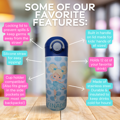Personalized Blue Ballerina Water Bottle - 12 oz Flip Top Water Bottle with Straw