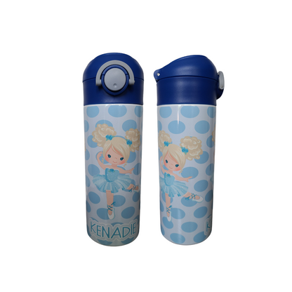 Personalized Blue Ballerina Water Bottle - 12 oz Flip Top Water Bottle with Straw