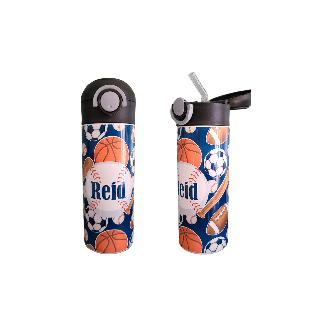 Personalized Sports Balls Water Bottle - 12 oz Flip Top Water Bottle with Straw