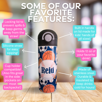 Personalized Sports Balls Water Bottle - 12 oz Flip Top Water Bottle with Straw