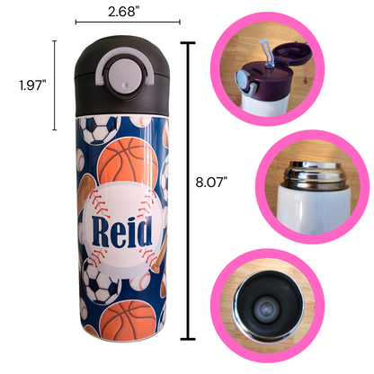 Personalized Sports Balls Water Bottle - 12 oz Flip Top Water Bottle with Straw