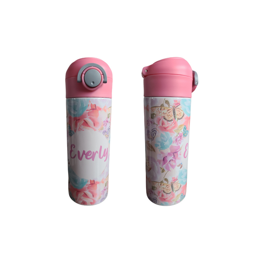 Butterfly & Flowers Flip Top Water Bottle - Personalized