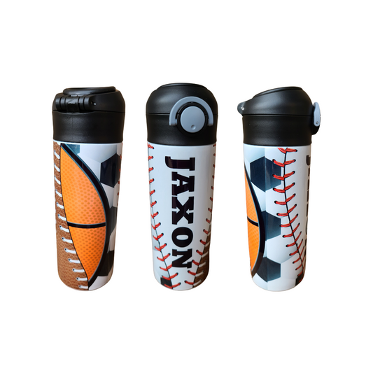 Personalized Multi-Sports Balls Water Bottle - 12 oz Flip Top Water Bottle with Straw