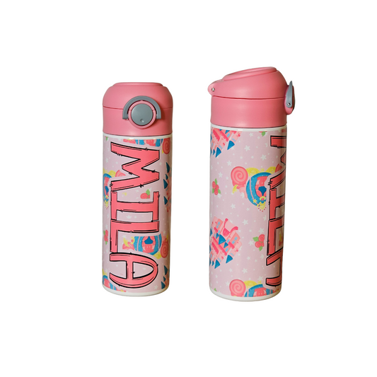 Pink Princess Themed Water Bottle - 12 oz Flip Top Water Bottle with Straw