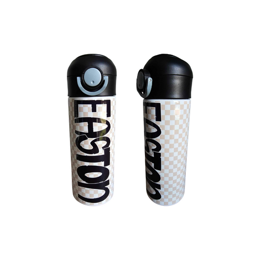 Tan Checkered Flip Top Water Bottle - Personalized