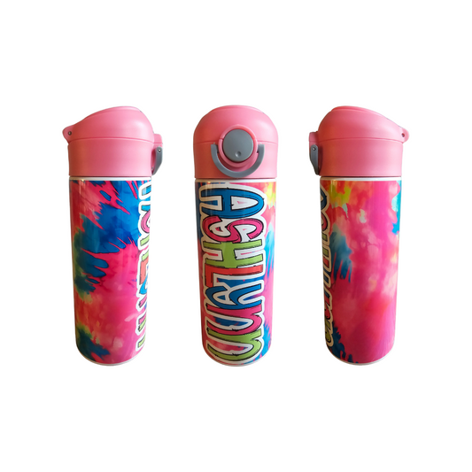 Bright Tie Dye Personalized Water Bottle - 12 oz Flip Top Water Bottle with Straw