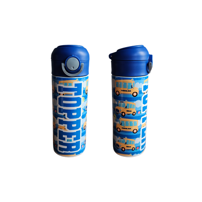 School Buses Personalized 12 oz Flip Top Water Bottle with Straw