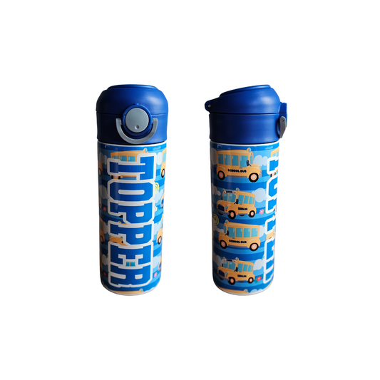 School Buses Personalized 12 oz Flip Top Water Bottle with Straw