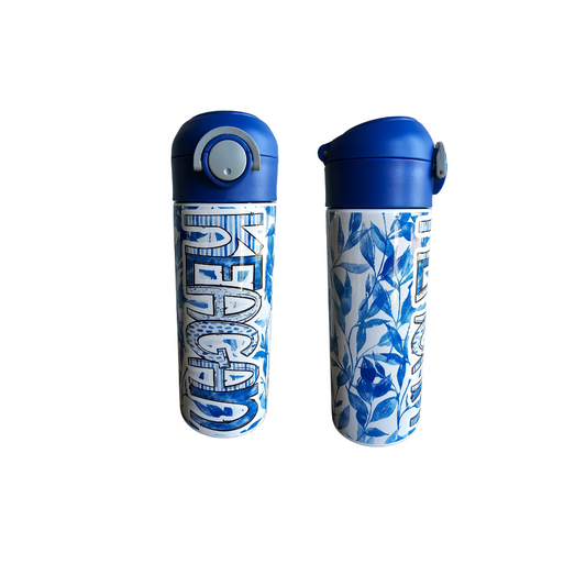 Blue Floral Flip Top Water Bottle - Personalized