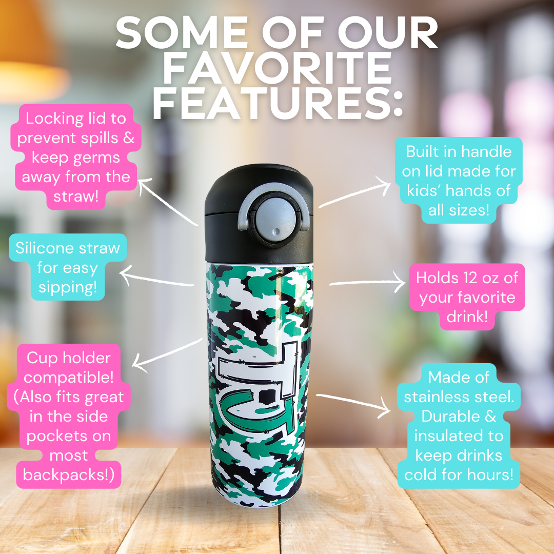 Green Camo Flip Top Water Bottle - Personalized