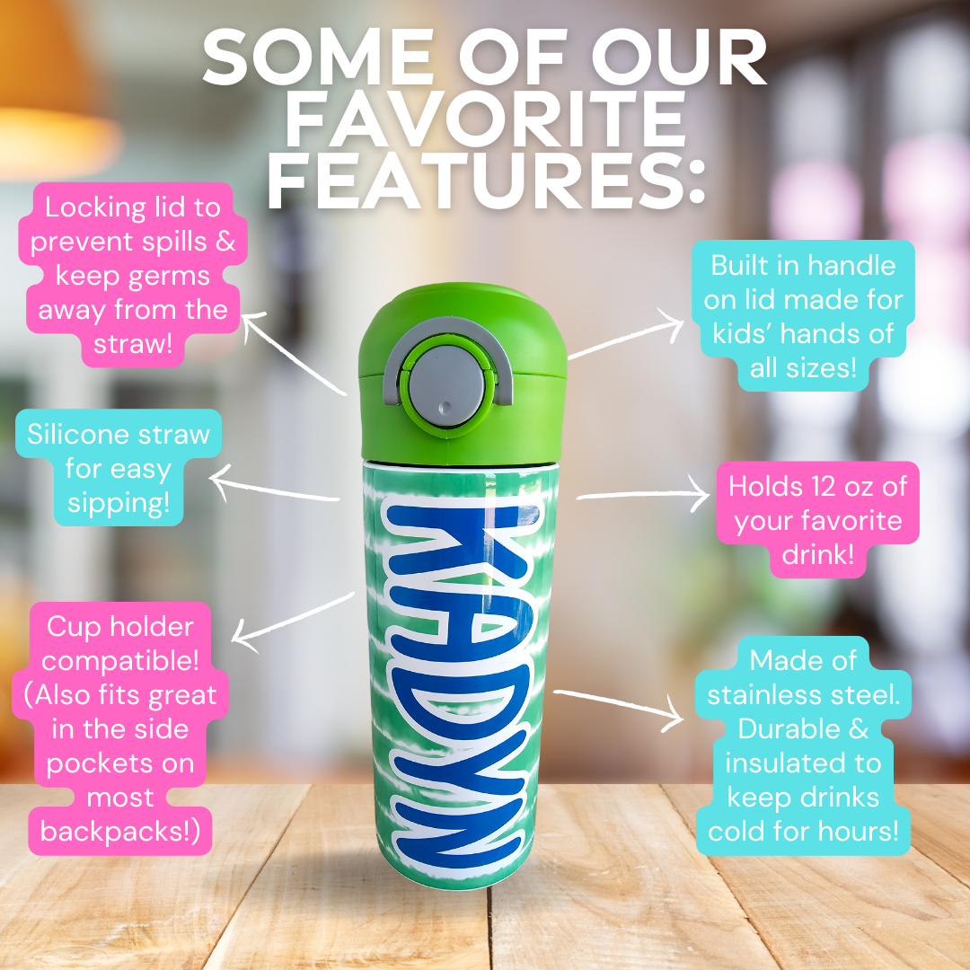 Green Stripe Flip Top Water Bottle - Personalized