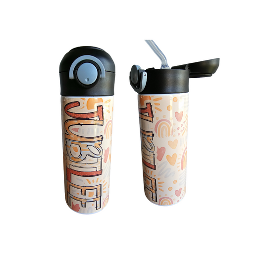 Yellow Sunshine & Rainbows Hearts Flip Top Water Bottle - Personalized