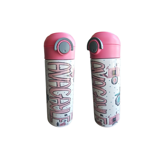 Pink Tractors Flip Top Water Bottle - Personalized
