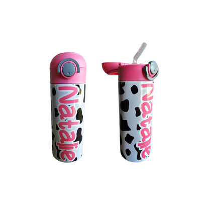 Cow Print with Pink Lid Flip Top Water Bottle - Personalized