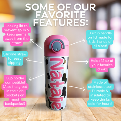 Cow Print with Pink Lid Flip Top Water Bottle - Personalized
