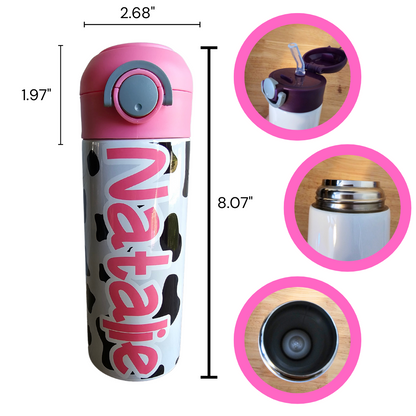Cow Print with Pink Lid Flip Top Water Bottle - Personalized
